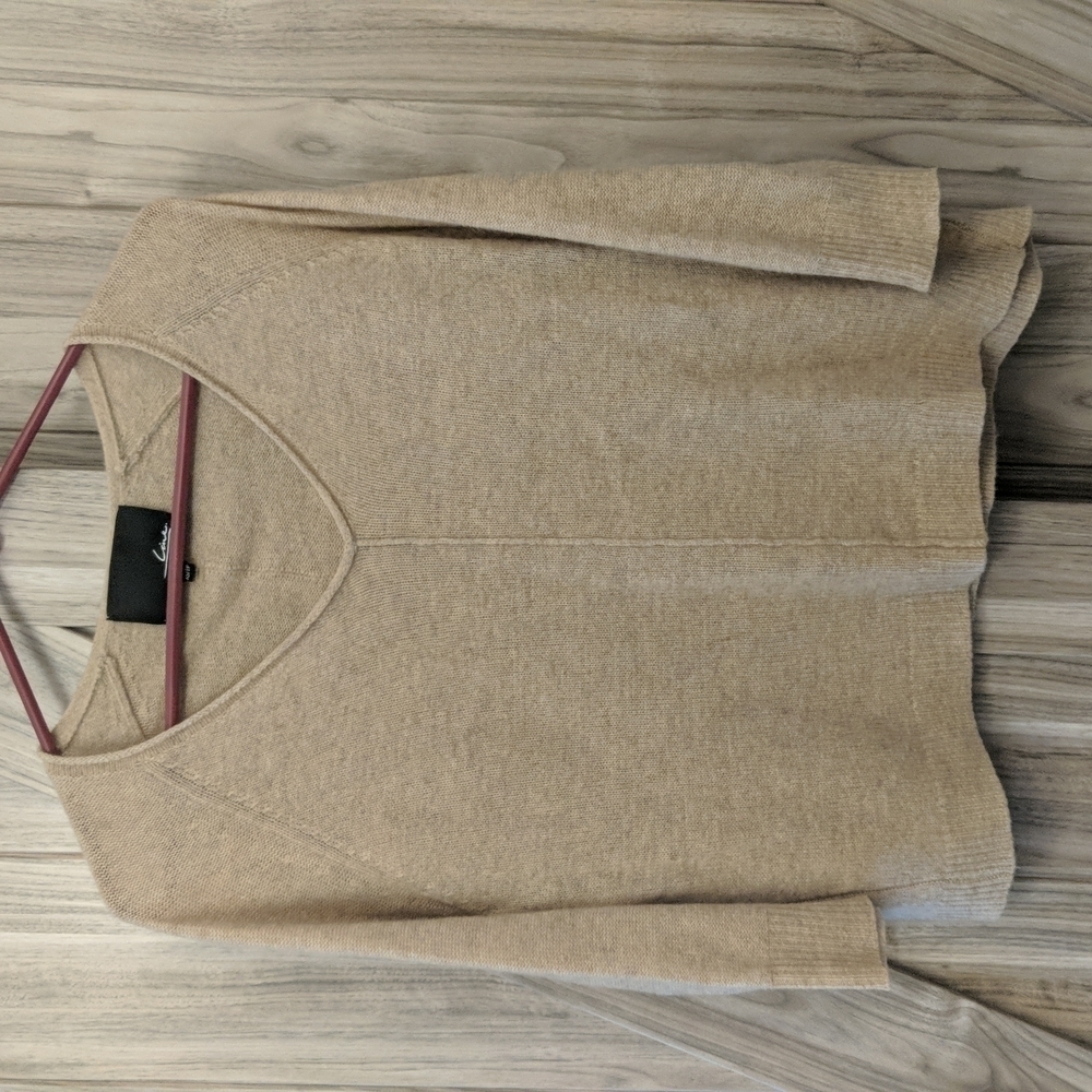 Line Women's 3/4 Sleeve V-Neck Cropped 100% Cashmere Sweater Size XS - Tan